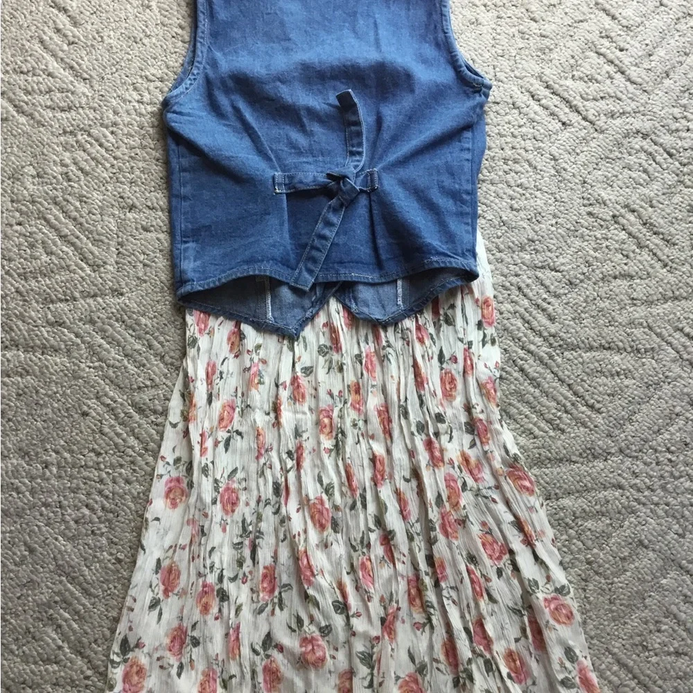 Girls Blue Denim Vest with Floral Pleated Skirt